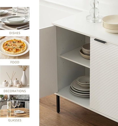 Kitchen Buffet Storage Cabinet, Modern 3 Door Coffee Bar with Shelves, Wooden Fluted Entryway Cabinet for Dinning Room, Living Room (1, Embossed White)
