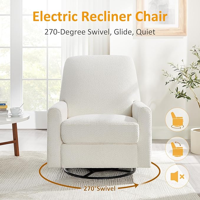 VANOMi Power Swivel Glider Recliner Chair, Electric Nursery Rocker Recliner Chair, USB & Type-C Charger, Boucle White