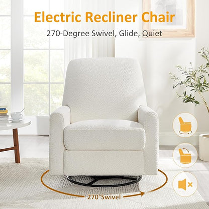 VANOMi Power Swivel Glider Recliner Chair, Electric Nursery Rocker Recliner Chair, USB & Type-C Charger, Boucle White