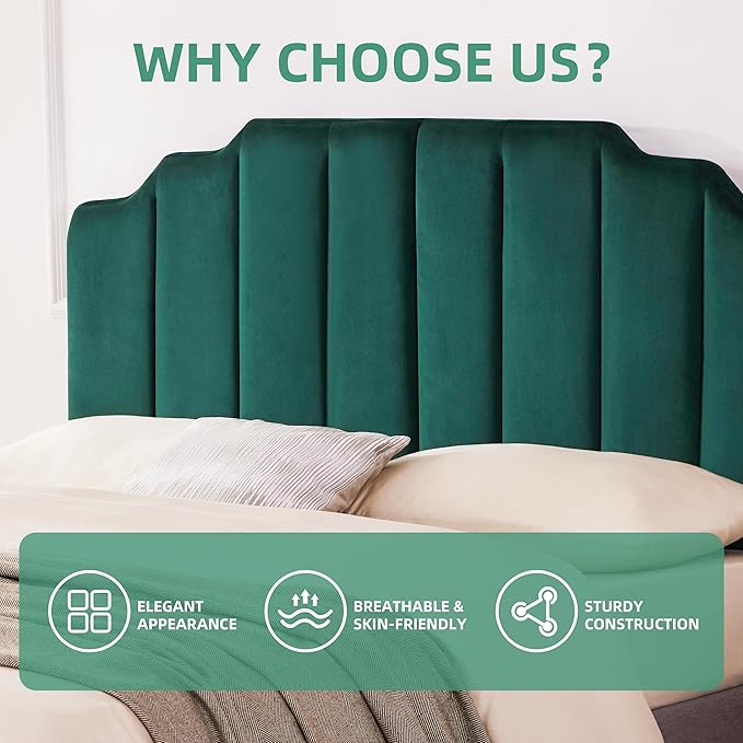 King Upholstered Headboard, Velvet Tufted Headboard only, Elegantly Curved King Size Headboards only, Modern Vertical Channel Design Bed Headboards, Dark Green