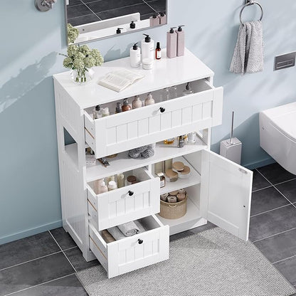 Bathroom Cabinet, Modern Bathroom Floor Storage Cabinet Organizer with 3 Drawers and Adjustable Shelves, Home Furniture for Multifunction in Living Room, Hallway, Kitchen, White