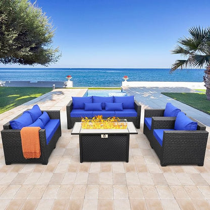 Rattaner 5 Pcs Outdoor Furniture Sets Patio Furniture Set with 45" Fire Pit Patio Couch Outdoor Chairs 60000 BTU Steel Propane Fire Pit Table No-Slip Cushions and Waterproof Covers, Royal Blue
