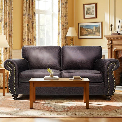 Mid-Century Vintage Sofa Couches with Rivet Design,loveseat Sofa,Removable Sofa Cover Upholstered Cushions and Solid Wood Frame (Brown, Loveseat)
