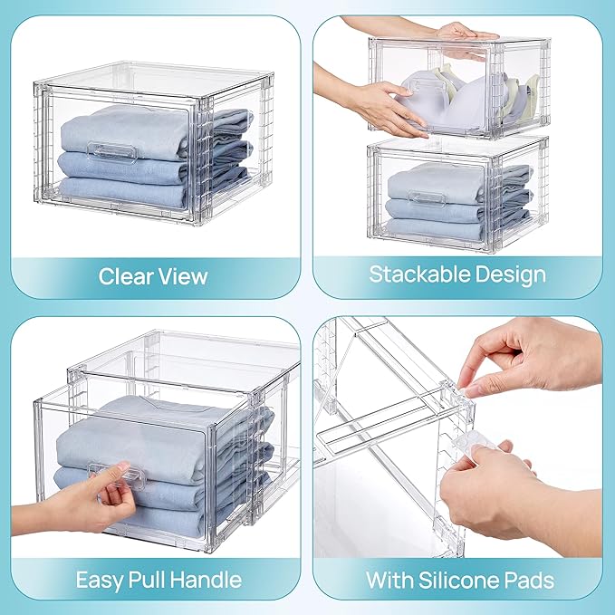 Vtopmart 2 Pack 15QT Clear Stackable Storage Drawers,Easily Assemble Closet Organizers,Plastic Storage Bins for Bathroom,Cabinet,Kitchen Pantry,Under Sink Organization(Medium)