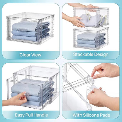 Vtopmart 2 Pack 15QT Clear Stackable Storage Drawers,Easily Assemble Closet Organizers,Plastic Storage Bins for Bathroom,Cabinet,Kitchen Pantry,Under Sink Organization(Medium)