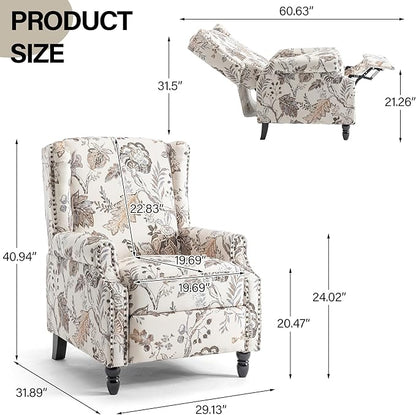 Recliner Chair, Upholstered Wingback Floral Pushback Armchair with Adjustable Backrest & Footrest, Comfy Accent Chair for Small Spaces, Living Room, Bedroom-Plants Beige, Set of 1
