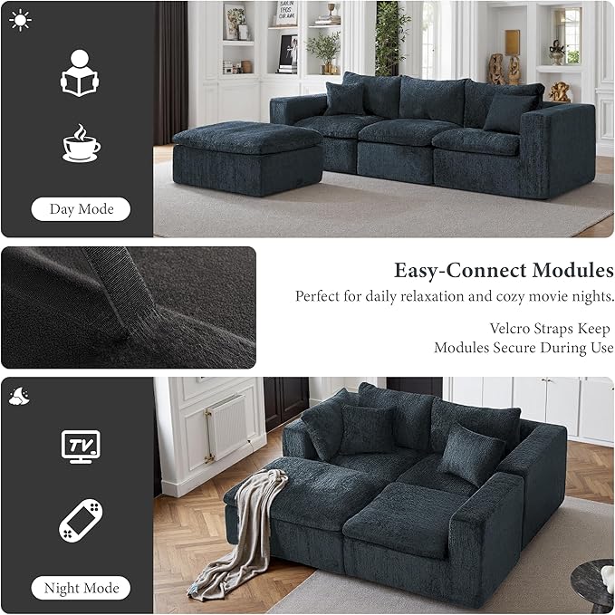 108" Sectional Couches for Living Room Boneless Couch Upholstered Cloud Couch Sectional Modular Sectional Sofa with L Shaped (Chenille-Blue, 3 Seat+1 Ottoman)