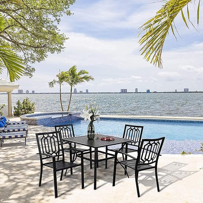 PHI VILLA Set of 4 Stackable Wrought Iron Patio Dining Chairs, Portable Black Outdoor Bistro Deck Metal Chairs, Support 300 lbs, Ideal for Garden, Backyard, Lawn
