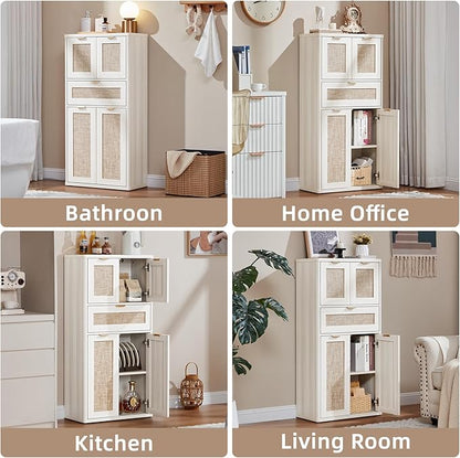 LEYAOYAO 48" Tall Storage Cabinet,Rattan Bathroom Floor Cabinets with 2 Doors & 1Drawer,Boho Kitchen Pantry with Adjustable Shelves,Wooden Cupboard for Living Room,Home Office,Dining,White Cream Oak