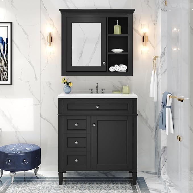 30" Bathroom Vanity with Matching Medicine Cabinet, Modern Sink Storage Cabinet with Drawers, Soft Closing Doors and Shelf, Bathroom Vanities with Sink & Mirror