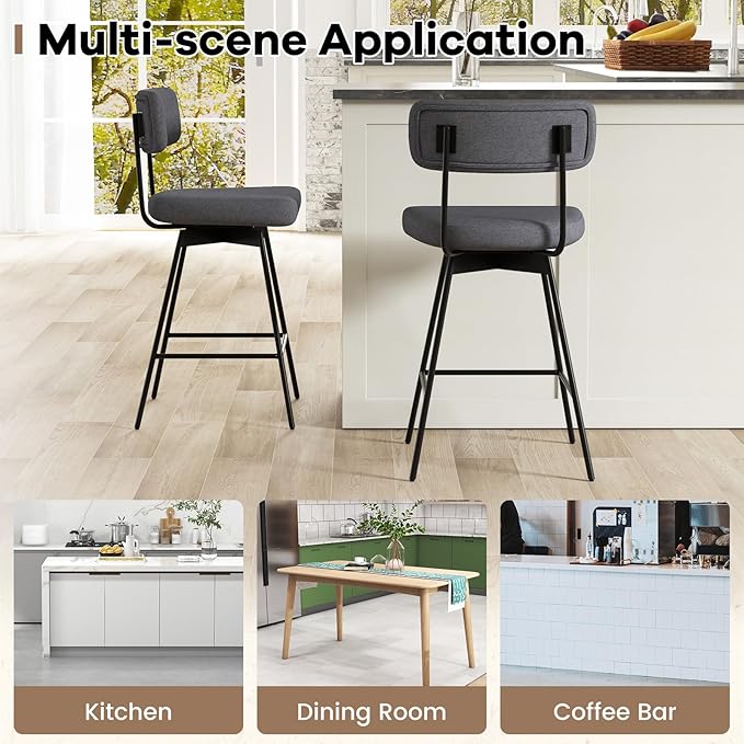 COSTWAY Bar Stools Set of 2, 25” Upholstered Counter Height Bar Stools with Back, 360° Swivel Dining Chairs with Heavy-Duty Metal Legs and Footrests, for Kitchen Island, Dining Room, Bar (2, Grey)