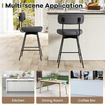 COSTWAY Bar Stools Set of 2, 25” Upholstered Counter Height Bar Stools with Back, 360° Swivel Dining Chairs with Heavy-Duty Metal Legs and Footrests, for Kitchen Island, Dining Room, Bar (2, Grey)