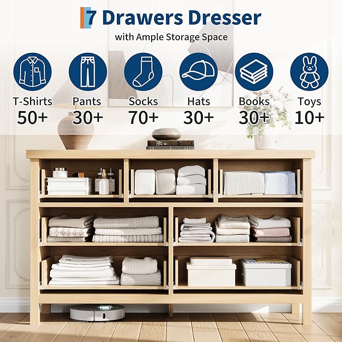 GarveeHome Fluted 7 Drawer Dresser for Bedroom, 47.4 in Wide Mid Century Modern Chest of Drawers, Wooden Fluted Dresser Chest with Clothes Storage Cabinet, Organizer for Bedroom, Living Room, Natural