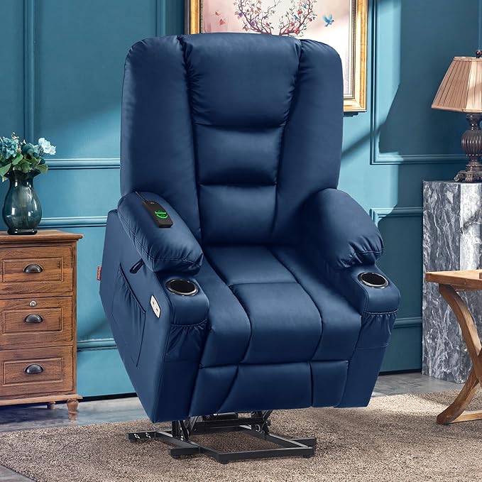 MCombo Large Power Lift Recliner Chair Sofa with Massage and Heat for Big and Tall Elderly People, 3 Positions, Cup Holders, and USB Ports, Faux Leather 7539 (Large, Navy Blue)