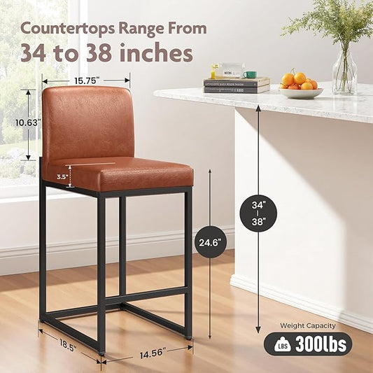 ALPHA HOME 24 Inch Bar Stools Set of 6, Kitchen Counter Stools with Backs, PU Leather Barstools, Kitchen Stools with Back&Upholstered Footrest, Sturdy Chromed Metal Steel Frame, Brown