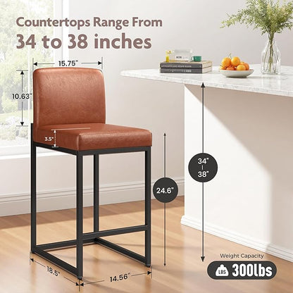 ALPHA HOME 24 Inch Bar Stools Set of 4, Kitchen Counter Stools with Backs, PU Leather Barstools, Kitchen Stools with Back&Upholstered Footrest, Sturdy Chromed Metal Steel Frame, Brown