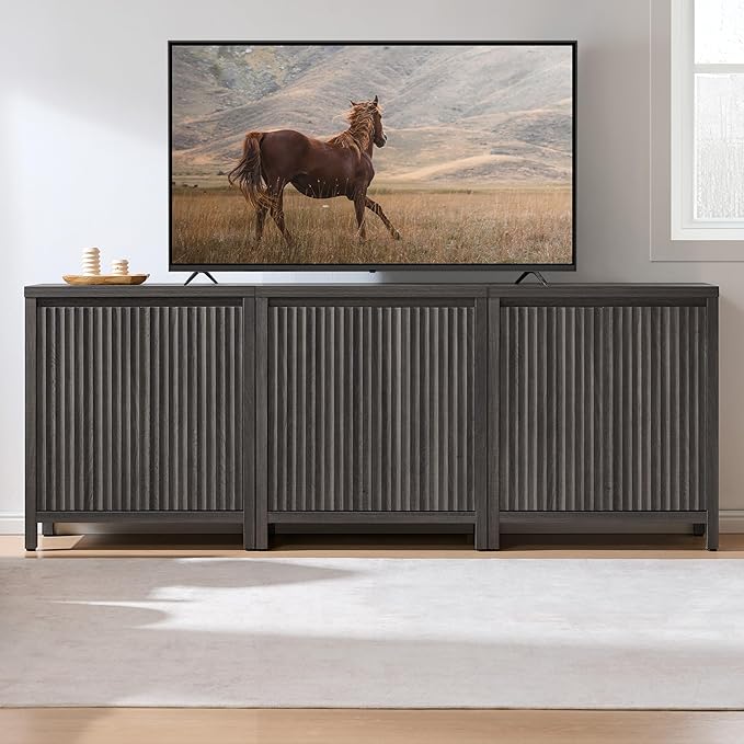 SICOTAS Sideboard Buffet Cabinet with Storage, Fluted Credenza Console Cabinet with Adjustable Shelves, Modern Coffee Bar Storage Cabinet for Kitchen, Living Room, Entryway, Black Oak, 3 PCS