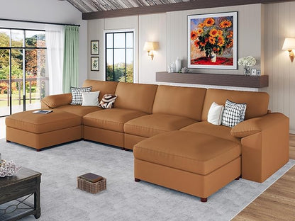 EASE MOOSE Oversized Modular Sectional Sofa,Leather Sectional Couch with Deep Seat,Extra Large U Shaped Couch,Faux Leather Material Sofa Modern Comfy Scratch Resistant,Brown