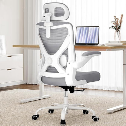 Ergonomic Office Chair: White Computer Desk Chair Comfy Gaming Chair for Adults - Office Chair with Lumbar Support & Headrest - Executive Office Rolling Chairs for Home Work (Grey)