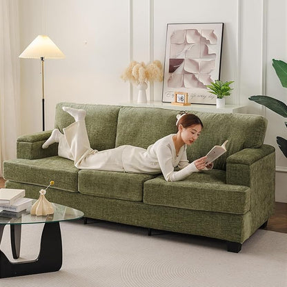 85'' L Shaped Couch with Armrest Organizer,3 Seats Sofas with Movable Ottoman,Comfy Sectional Sofa with Thick Cushion,Chenille Sectional Couches for Living Room,Bedroom,Apartment,Home Furniture,Green