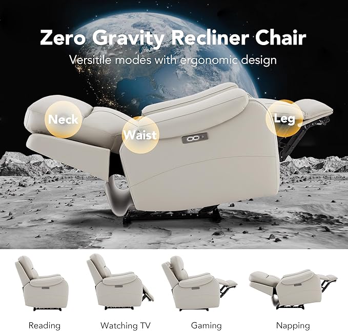 CHITA Large Power Zero Gravity Recliner Chair, Genuine Leather Recliner Chair for Adults with Adjustable Power Headrest and Hidden Slide-Out Cupholders, USB and Type-C Ports, Creamy Grey