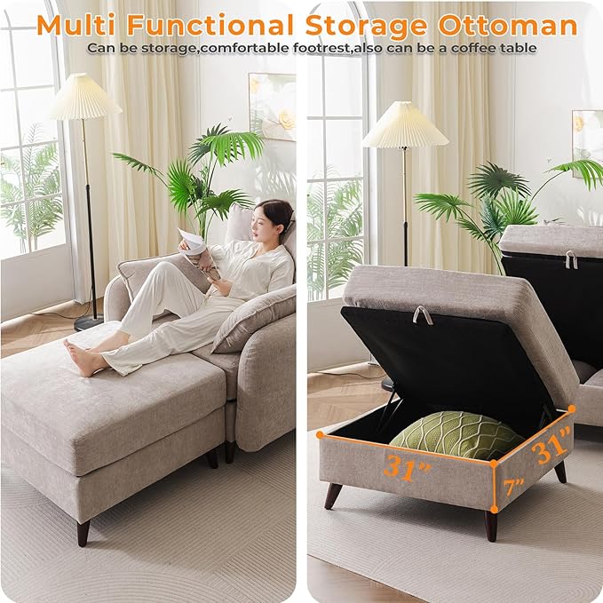 Oversized Accent Chair with Ottoman,All Seats Storage,Comfy Armchair,24.5'' Deep Seat,Upholstered Living Room Chairs,Reading Chair,Lounge Chair for Bedroom,Office,Chenille,Khaki