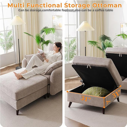 Oversized Accent Chair with Ottoman,All Seats Storage,Comfy Armchair,24.5'' Deep Seat,Upholstered Living Room Chairs,Reading Chair,Lounge Chair for Bedroom,Office,Chenille,Khaki