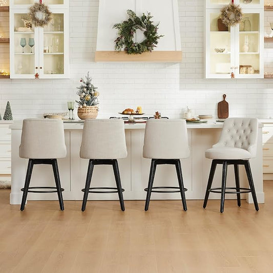 Watson & Whitely Counter Height Bar Stools, Performance Fabric Upholstered Modern Swivel Barstool with Back, Solid Wood Legs, 26" H Seat, Linen