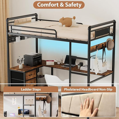 Twin Loft Bed with Desk, Gaming Bunk Bed with Stairs, Metal Loft Bed Heavy Duty Loft Beds for Adults, 3 Fabric Drawers, LED Lights & Charging Sation, No Noise & No Box Spring Needed, Black