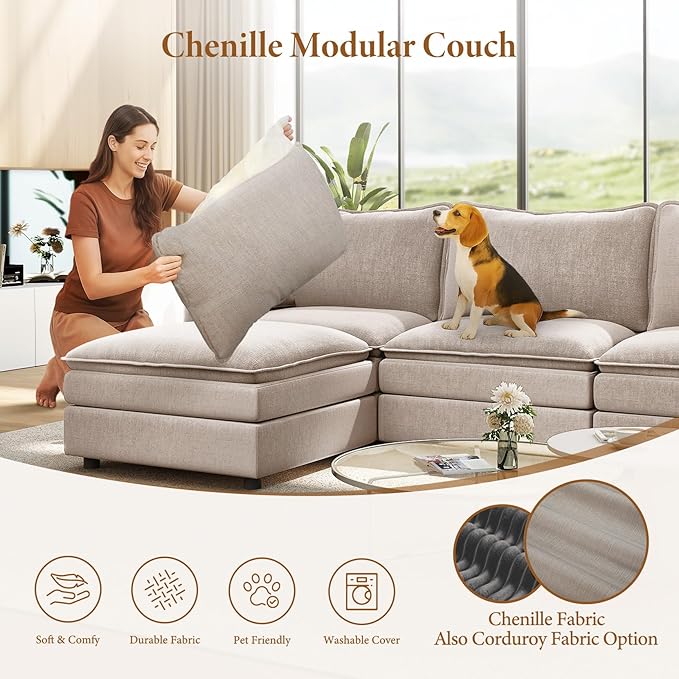 Vesgantti 142" U Shaped Sectional Couch, Comfy Cloud Modular Sectional Sofa with 2 Ottoman Deep Seat Chenille Modern Cloud Sofa, Modular Sofas for Living Room, Bedroom and Apartment, Light Brown