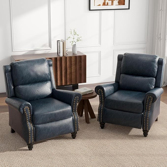 UIXE Faux Leather Pushback Recliner Chairs Set of 2, Overstuffed Armchair Push Back Accent Chair for Living Room, Rivet Trim Club Chair Home Theater Single Sofa Bedroom Side Reading Seat - Navy Blue
