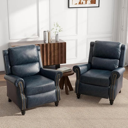 UIXE Faux Leather Pushback Recliner Chairs Set of 2, Overstuffed Armchair Push Back Accent Chair for Living Room, Rivet Trim Club Chair Home Theater Single Sofa Bedroom Side Reading Seat - Navy Blue