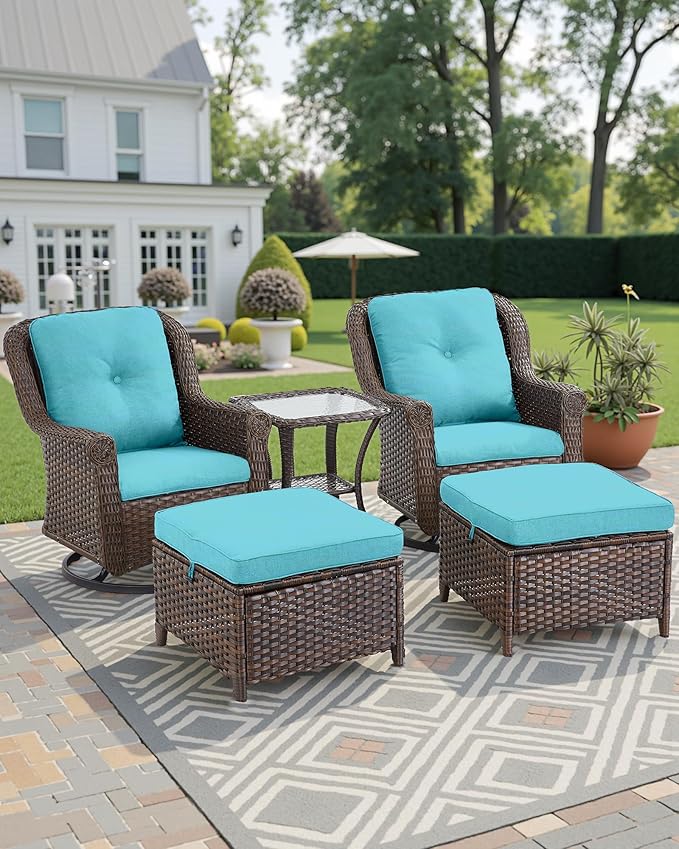 3 Piece Patio Swivel Chairs and Side Table Set - High Back Outdoor Brown Wicker Rattan Rocking Glider with Thick Cushions for Porch Apartment Deck Yard Poolside Garden - Turqoise