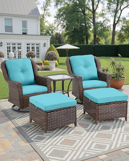 3 Piece Patio Swivel Chairs and Side Table Set - High Back Outdoor Brown Wicker Rattan Rocking Glider with Thick Cushions for Porch Apartment Deck Yard Poolside Garden - Turqoise