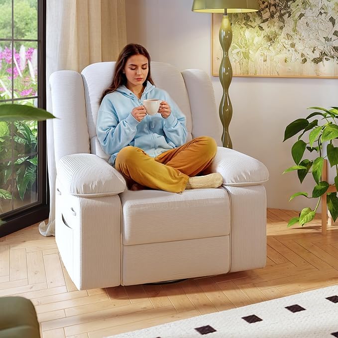 FLEXISPOT 360° Swivel Rocker Recliner for Adults, Massage Rocker Recliner Chair with Heating, Nursery Chair Swivel Glider Sofa for Living Room, Bedroom, Nursery, Beige