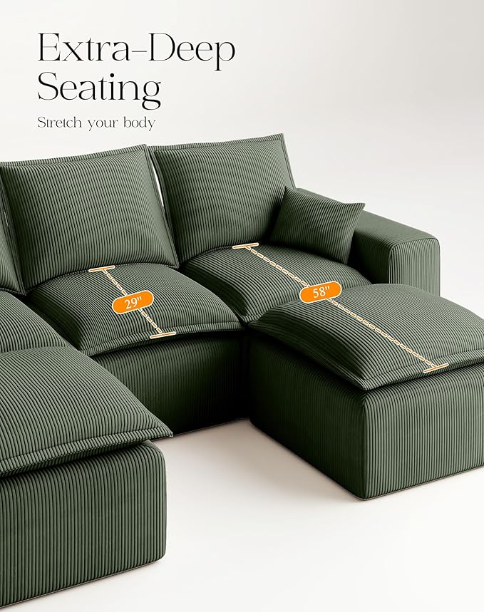 107" Comfy Cloud Couch with U-Shape Chaise & Deep Seat, Modular Sectional Sofa in a Box, Boneless Upholstered Couches for Living Room, No Assembly Required (Soft Corduroy, Green)
