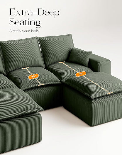 107" Comfy Cloud Couch with U-Shape Chaise & Deep Seat, Modular Sectional Sofa in a Box, Boneless Upholstered Couches for Living Room, No Assembly Required (Soft Corduroy, Green)