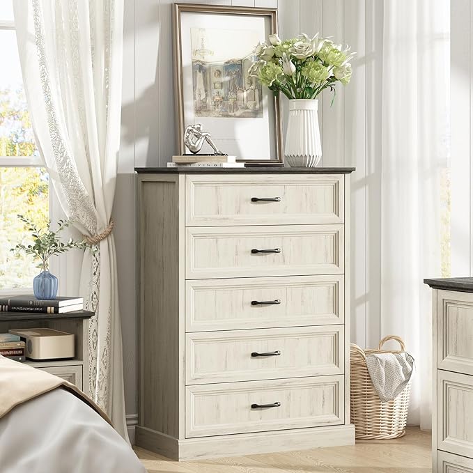 CARPETNAL Farmhouse 5 Drawers Dresser for Bedroom, 44" Tall White Dresser Wood Rustic Chest of Drawers with Wide Metal Handle,Natural Texture,Drawer Organizer for Bedroom,Living Room,Hallway