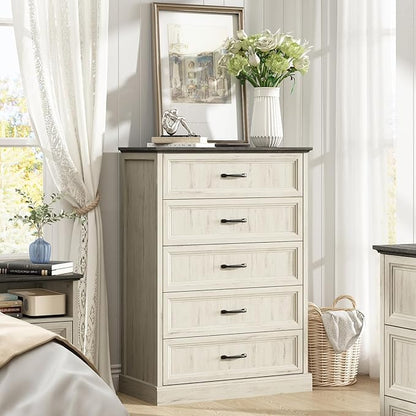 CARPETNAL Farmhouse 5 Drawers Dresser for Bedroom, 44" Tall White Dresser Wood Rustic Chest of Drawers with Wide Metal Handle,Natural Texture,Drawer Organizer for Bedroom,Living Room,Hallway