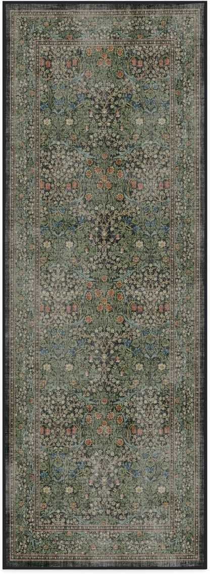 RUGGABLE x Morris & Co Machine Washable Runner Rug – Blackthorn Forest Green 2.5x7, Stain-Resistant, Non-Slip – Washable Rug for Hallway, Entryway, Living Room & Kitchen–with Cushioned Pad