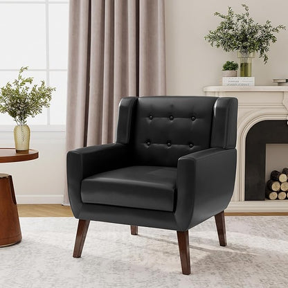 Accent Chair, Modern Faux Leather Armchair for Living Room, Comfy Upholstered Arm Chair Tufted for Indoor Bedroom Office Room (P Black)