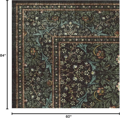 RUGGABLE x Morris & Co Washable Area Rug – Blackthorn Forest Green 5x7, Stain-Resistant, Non-Slip – Medium Machine Washable Rugs for Living Room, Bedroom, Hallway, Entryway & Office–with Standard Pad