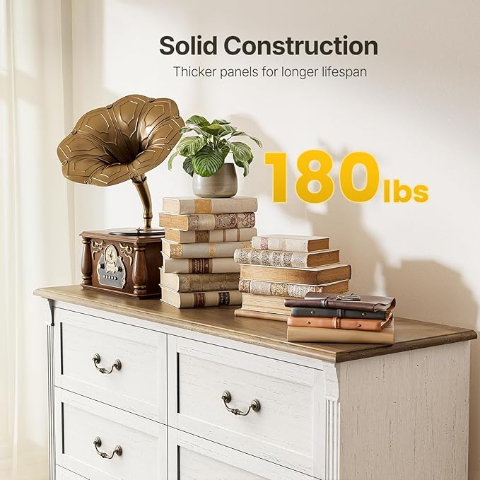 Amada 6 Drawers Dresser for Bedroom, Farmhouse 47" Wide Dresser & Chest of Drawers with Roman Column Design, Large Storage Organizer with 6 Drawer Sizes for Bedroom, Living Room