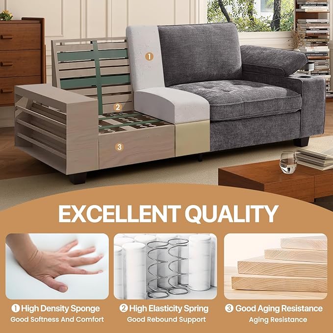 84" Loveseat Couch for Living Room,Modern Chenille Upholstered Sofa with Adjustable Storage Armrest,Cup Holders,USB & Type-C Ports,Solid Wood 2-Seater Loveseat Sofa for Apartment(Deep Gray)