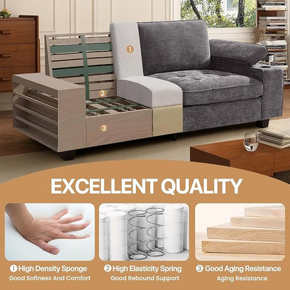 84" Loveseat Couch for Living Room,Modern Chenille Upholstered Sofa with Adjustable Storage Armrest,Cup Holders,USB & Type-C Ports,Solid Wood 2-Seater Loveseat Sofa for Apartment(Deep Gray)
