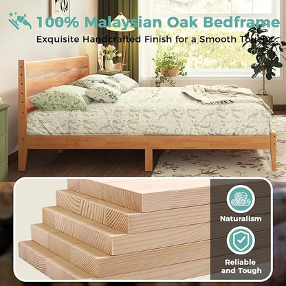 Solid Wood King Size Bed Frame with Ladder Headboard, Malaysian Oak Platform Bed Frame, Modern Bedframe with Wooden Slats, No Box Spring Needed, Easy Assembly, King Size, Rustic Pine
