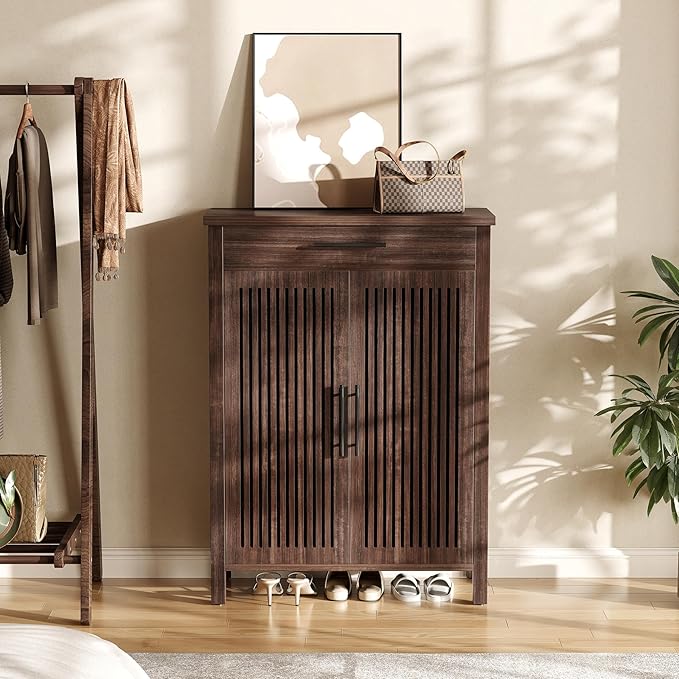 LITTLE TREE Narrow Storage Shoe Rack, 6-Tier Wooden Shoe Cabinet with Drawer, Freestanding Slim Shoe Cabinet Shoe Organizer for Entryway, Hallway, Closet, Bedroom, Living Room, Walnut