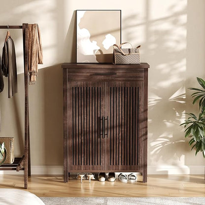 LITTLE TREE Narrow Storage Shoe Rack, 6-Tier Wooden Shoe Cabinet with Drawer, Freestanding Slim Shoe Cabinet Shoe Organizer for Entryway, Hallway, Closet, Bedroom, Living Room, Walnut