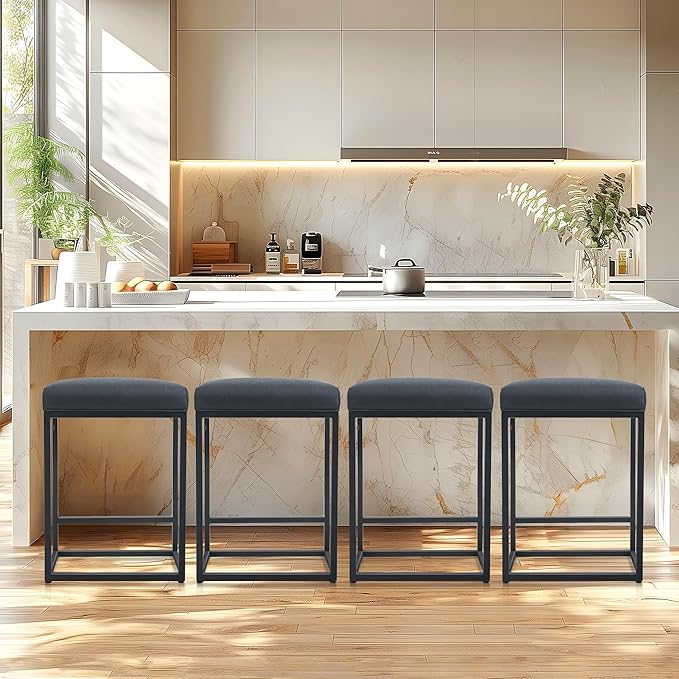 ALPHA HOME 24 Inch Counter Height Bar Stools Set of 2, Upholstered Bar Stools for Kitchen Island, Counter Stools with Faux Leather Cushion and Sturdy Metal Frame, Modern Barstools, Black