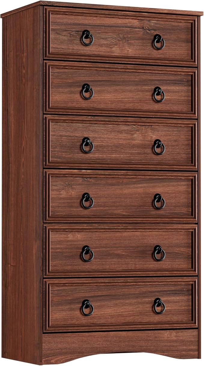 6 Drawer Dresser 52" Tall for Bedroom, Wood 6 Chest Drawers, Storage for Clothes, Narrow Large Drawers, Taupe Vintage, for Living Room, Bedroom, Hallway, Cherry Wood
